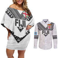 Custom Rugby Fiji Couples Matching Off Shoulder Short Dress and Long Sleeve Button Shirt Fijian Masi Tribal Sporty Style White Color LT03 White - Polynesian Pride