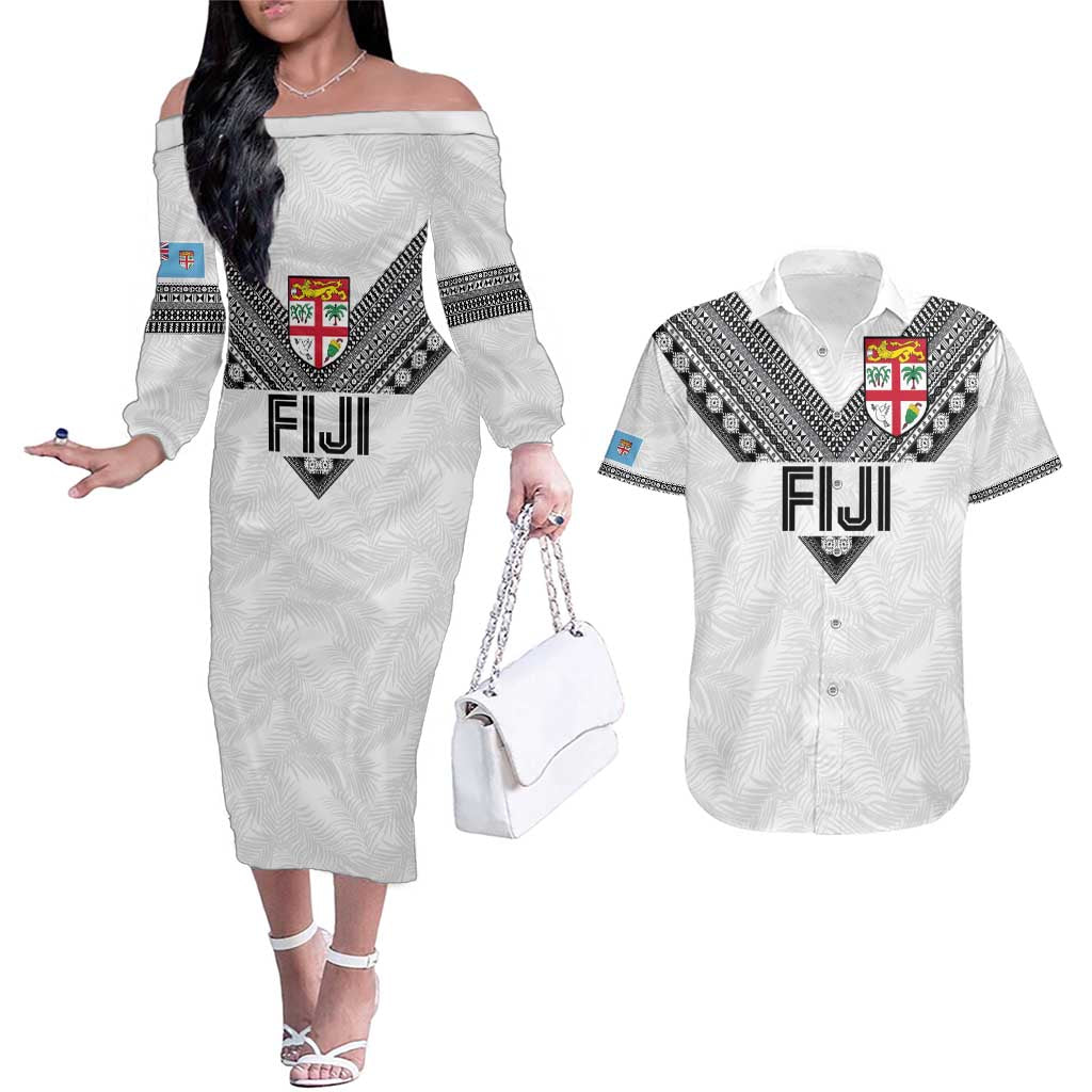 Custom Rugby Fiji Couples Matching Off The Shoulder Long Sleeve Dress and Hawaiian Shirt Fijian Masi Tribal Sporty Style White Color LT03 White - Polynesian Pride