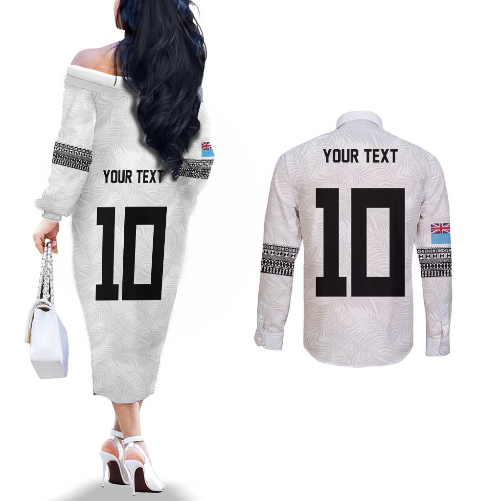 Custom Rugby Fiji Couples Matching Off The Shoulder Long Sleeve Dress and Long Sleeve Button Shirt Fijian Masi Tribal Sporty Style White Color LT03 - Polynesian Pride