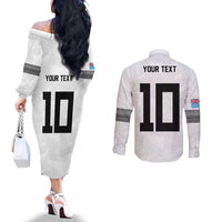 Custom Rugby Fiji Couples Matching Off The Shoulder Long Sleeve Dress and Long Sleeve Button Shirt Fijian Masi Tribal Sporty Style White Color LT03 - Polynesian Pride