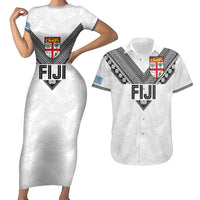 Custom Rugby Fiji Couples Matching Short Sleeve Bodycon Dress and Hawaiian Shirt Fijian Masi Tribal Sporty Style White Color LT03 White - Polynesian Pride