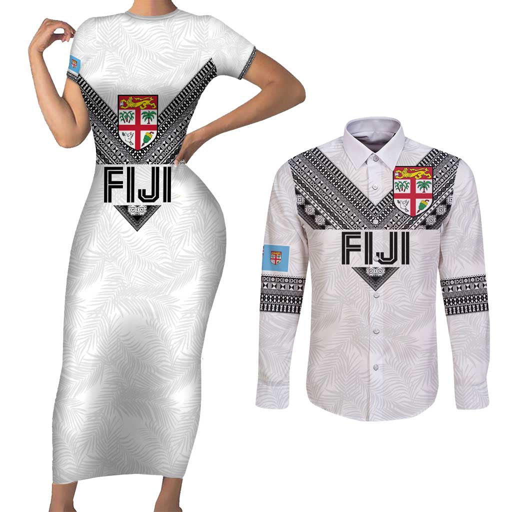 Custom Rugby Fiji Couples Matching Short Sleeve Bodycon Dress and Long Sleeve Button Shirt Fijian Masi Tribal Sporty Style White Color LT03 White - Polynesian Pride
