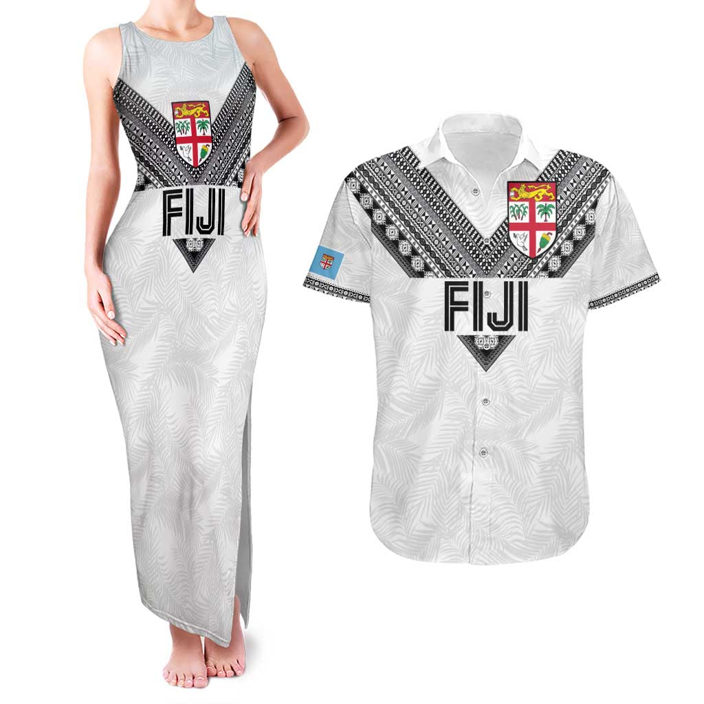 Custom Rugby Fiji Couples Matching Tank Maxi Dress and Hawaiian Shirt Fijian Masi Tribal Sporty Style White Color LT03 White - Polynesian Pride