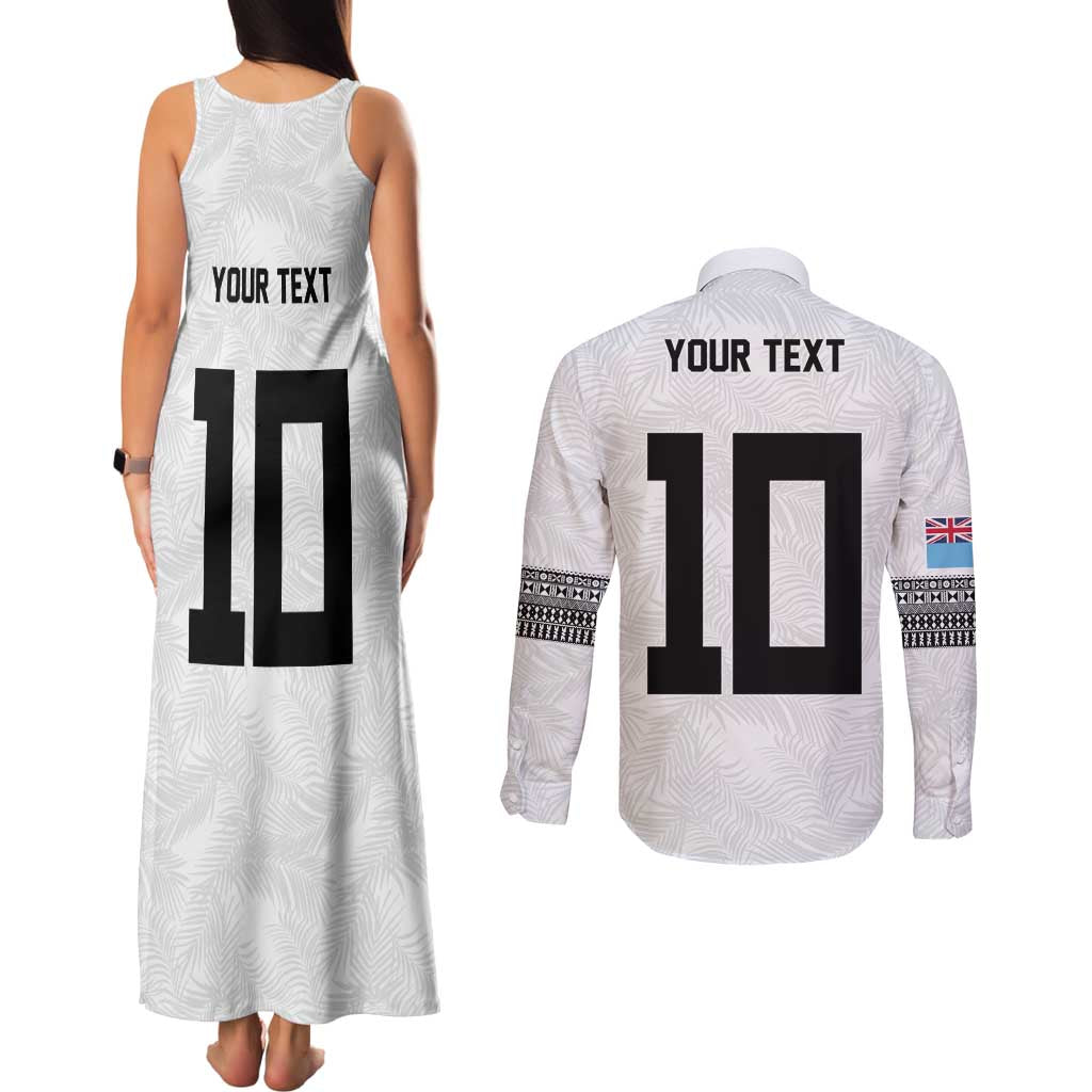 Custom Rugby Fiji Couples Matching Tank Maxi Dress and Long Sleeve Button Shirt Fijian Masi Tribal Sporty Style White Color LT03 - Polynesian Pride