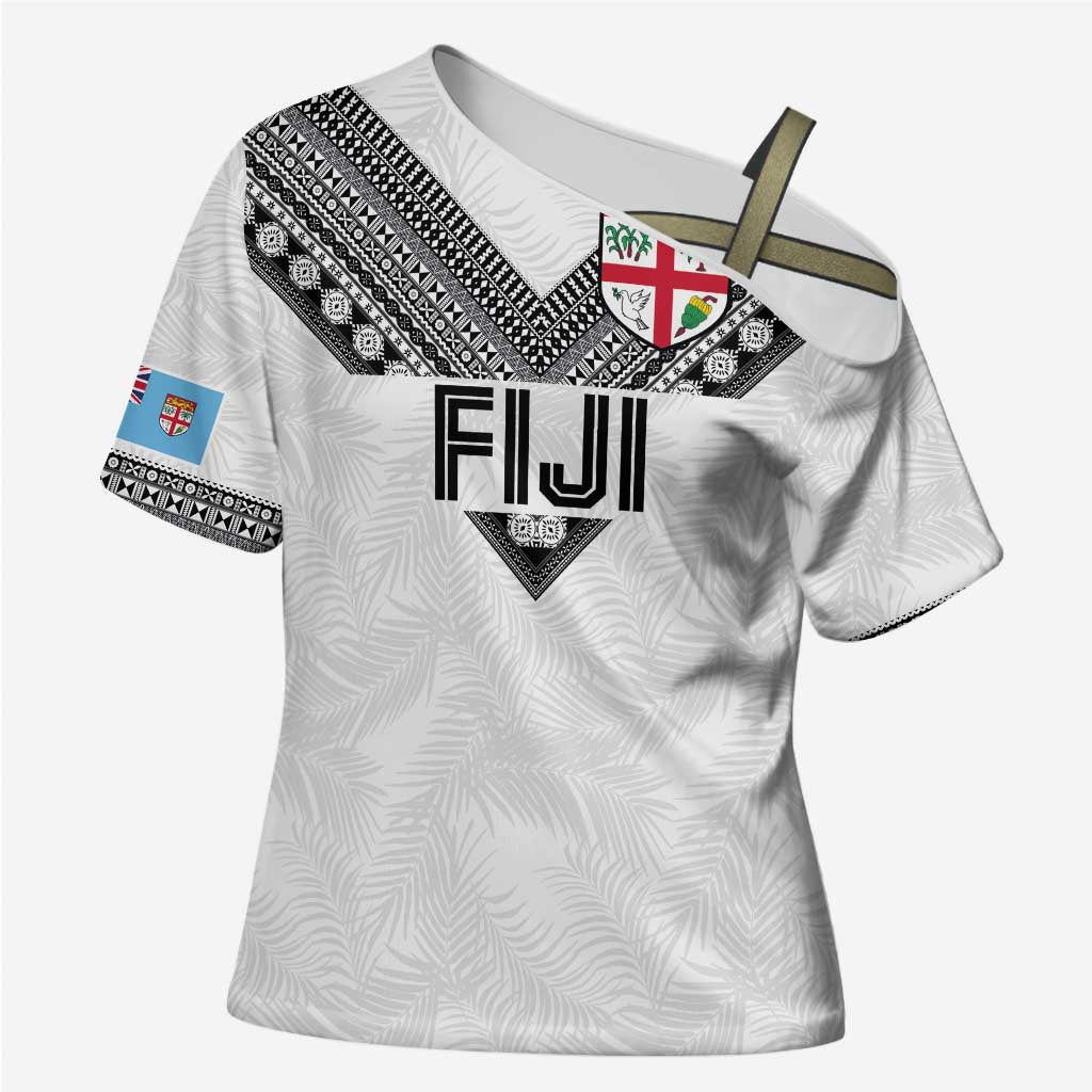 Custom Rugby Fiji Cross Shoulder Shirt Fijian Masi Tribal Sporty Style White Color - Polynesian Pride