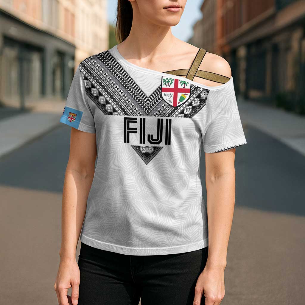 Custom Rugby Fiji Cross Shoulder Shirt Fijian Masi Tribal Sporty Style White Color LT03 - Polynesian Pride
