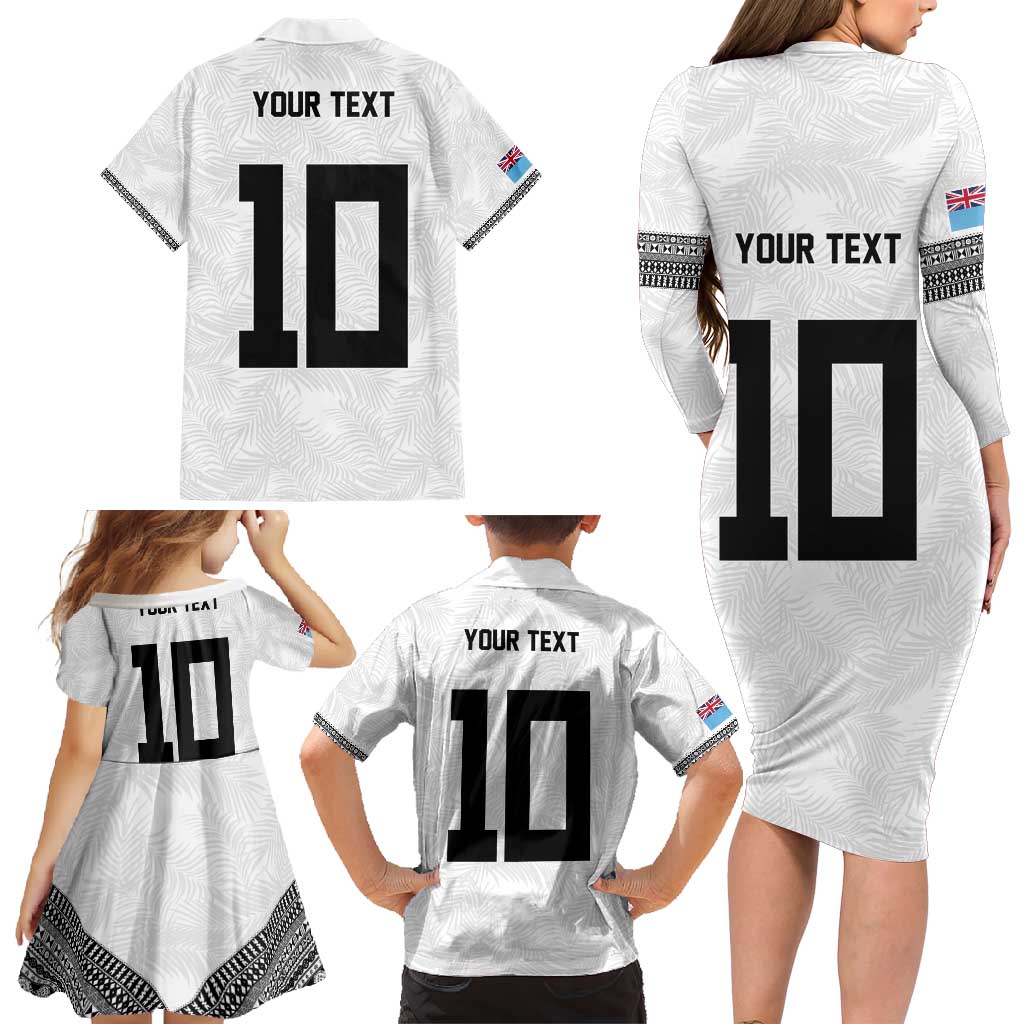 Custom Rugby Fiji Family Matching Long Sleeve Bodycon Dress and Hawaiian Shirt Fijian Masi Tribal Sporty Style White Color LT03 - Polynesian Pride
