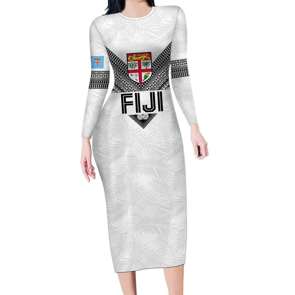 Custom Rugby Fiji Family Matching Long Sleeve Bodycon Dress and Hawaiian Shirt Fijian Masi Tribal Sporty Style White Color LT03 Mom's Dress White - Polynesian Pride