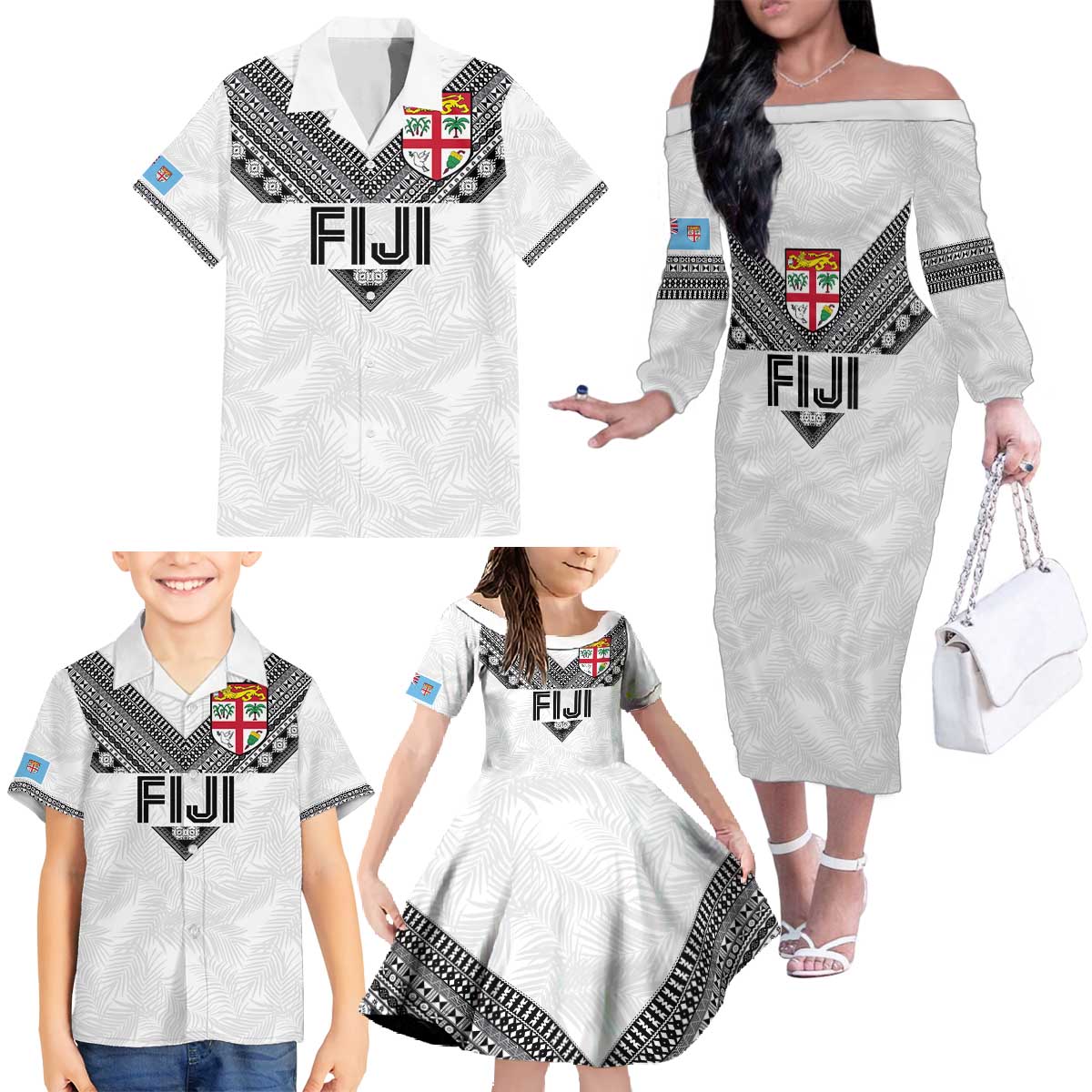 Custom Rugby Fiji Family Matching Off The Shoulder Long Sleeve Dress and Hawaiian Shirt Fijian Masi Tribal Sporty Style White Color - Polynesian Pride