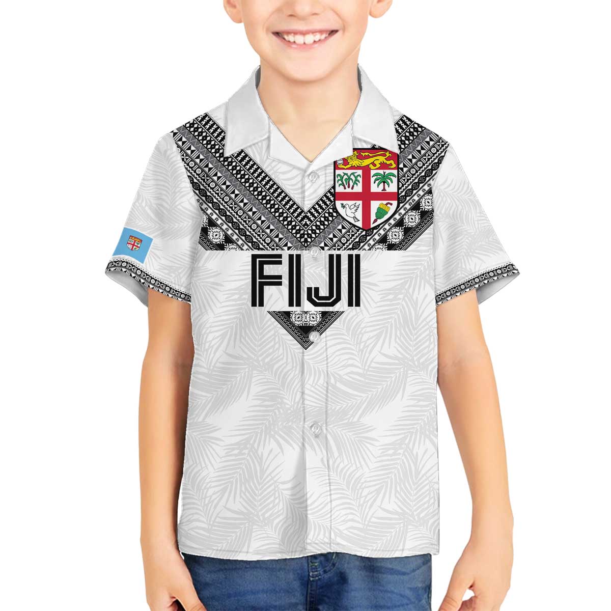 Custom Rugby Fiji Family Matching Off The Shoulder Long Sleeve Dress and Hawaiian Shirt Fijian Masi Tribal Sporty Style White Color LT03 Son's Shirt White - Polynesian Pride