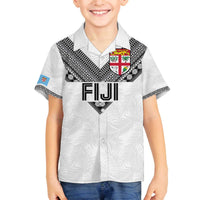 Custom Rugby Fiji Family Matching Off The Shoulder Long Sleeve Dress and Hawaiian Shirt Fijian Masi Tribal Sporty Style White Color LT03 Son's Shirt White - Polynesian Pride