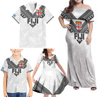 Custom Rugby Fiji Family Matching Off Shoulder Maxi Dress and Hawaiian Shirt Fijian Masi Tribal Sporty Style White Color LT03 - Polynesian Pride