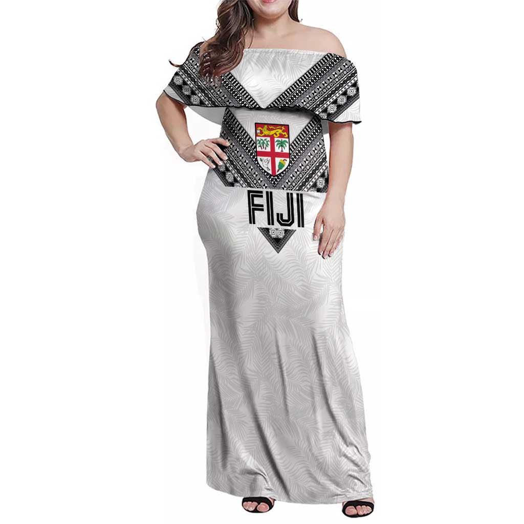 Custom Rugby Fiji Family Matching Off Shoulder Maxi Dress and Hawaiian Shirt Fijian Masi Tribal Sporty Style White Color LT03 Mom's Dress White - Polynesian Pride