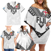 Custom Rugby Fiji Family Matching Off Shoulder Short Dress and Hawaiian Shirt Fijian Masi Tribal Sporty Style White Color LT03 - Polynesian Pride