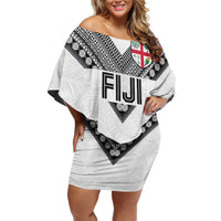 Custom Rugby Fiji Family Matching Off Shoulder Short Dress and Hawaiian Shirt Fijian Masi Tribal Sporty Style White Color LT03 Mom's Dress White - Polynesian Pride