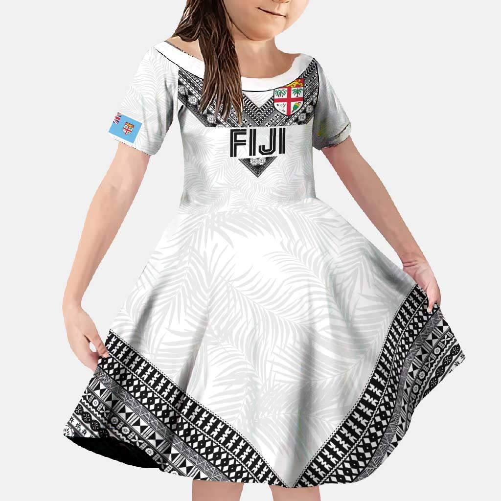 Custom Rugby Fiji Family Matching Short Sleeve Bodycon Dress and Hawaiian Shirt Fijian Masi Tribal Sporty Style White Color LT03 Daughter's Dress White - Polynesian Pride