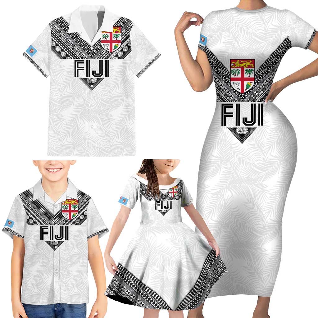 Custom Rugby Fiji Family Matching Short Sleeve Bodycon Dress and Hawaiian Shirt Fijian Masi Tribal Sporty Style White Color LT03 - Polynesian Pride