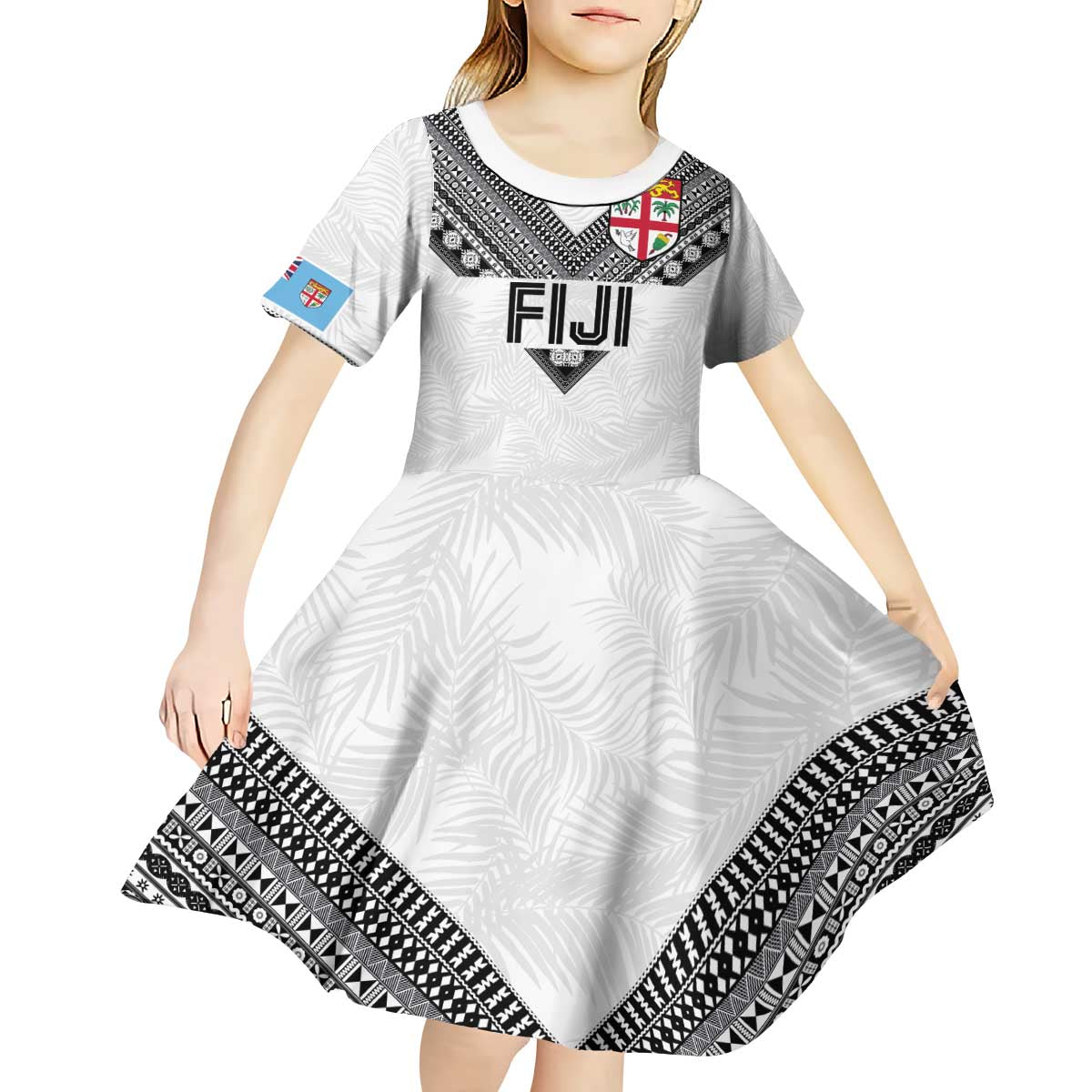 Custom Rugby Fiji Kid Short Sleeve Dress Fijian Masi Tribal Sporty Style White Color - Polynesian Pride