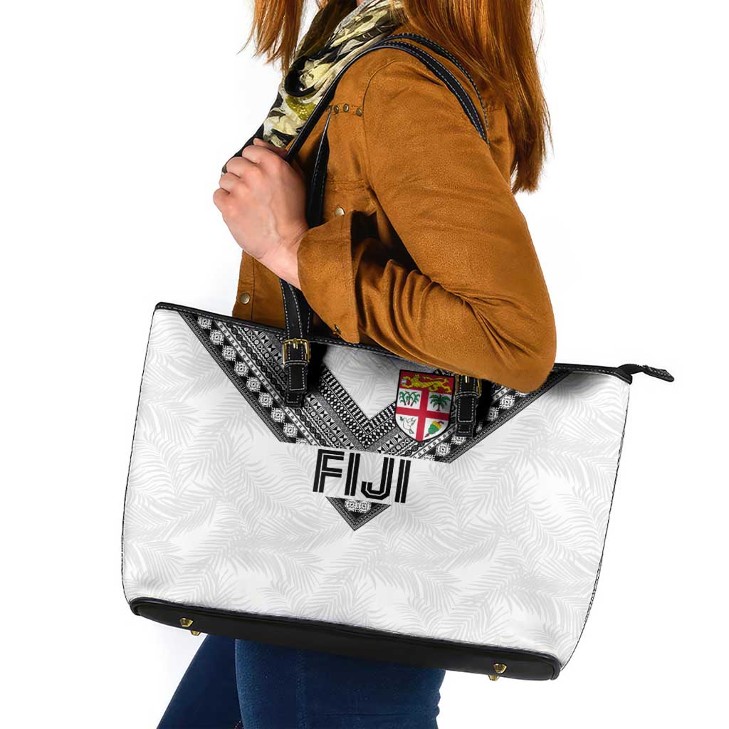 Rugby Fiji Leather Tote Bag Fijian Masi Tribal Sporty Style White Color LT03 White - Polynesian Pride