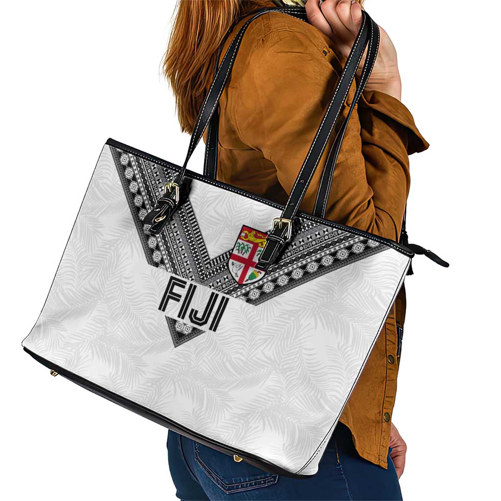Rugby Fiji Leather Tote Bag Fijian Masi Tribal Sporty Style White Color LT03 - Polynesian Pride