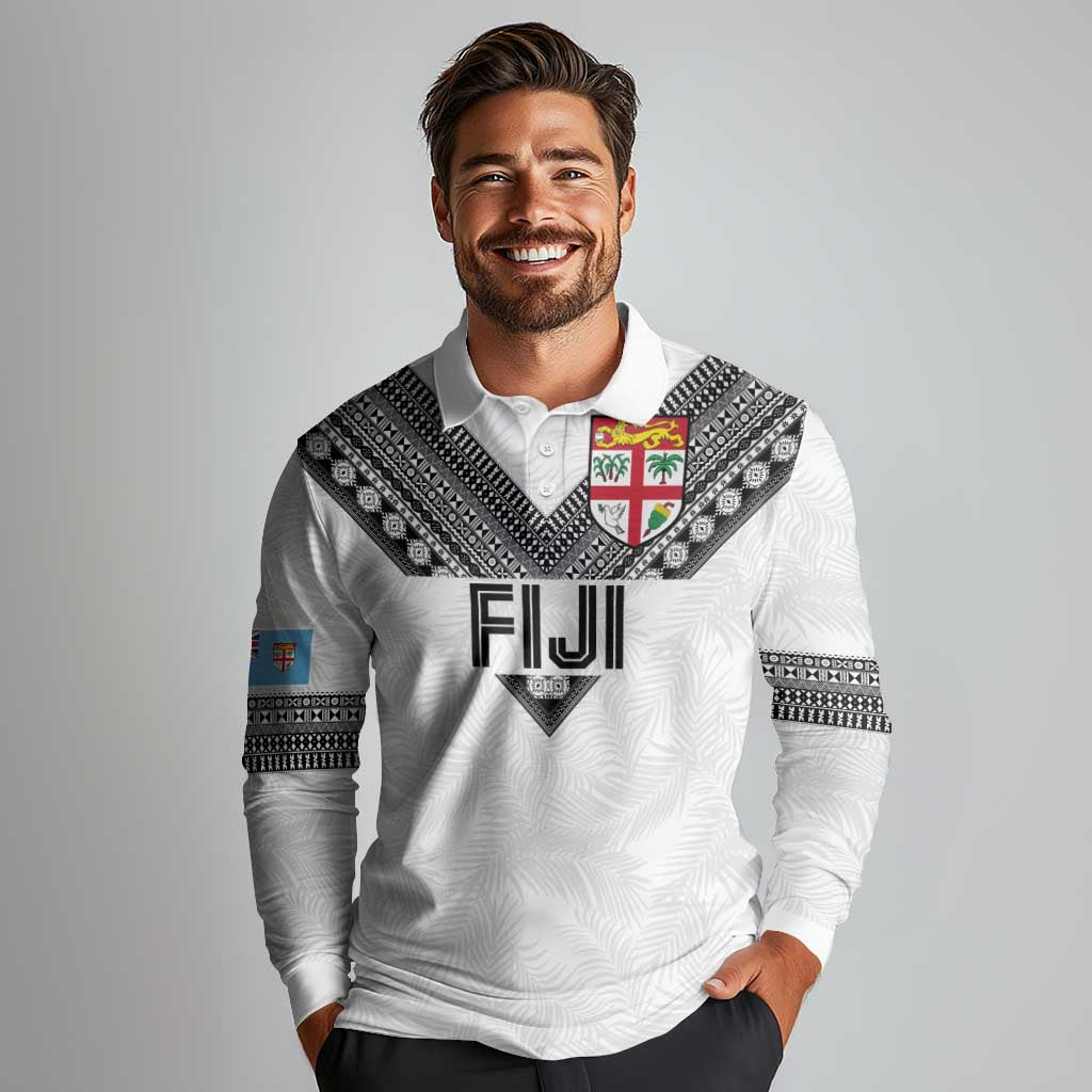 Custom Rugby Fiji Long Sleeve Polo Shirt Fijian Masi Tribal Sporty Style White Color LT03 - Polynesian Pride