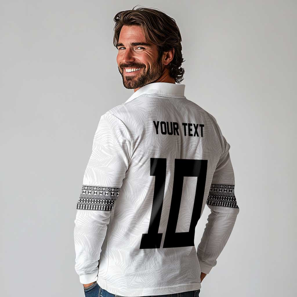 Custom Rugby Fiji Long Sleeve Polo Shirt Fijian Masi Tribal Sporty Style White Color LT03 - Polynesian Pride