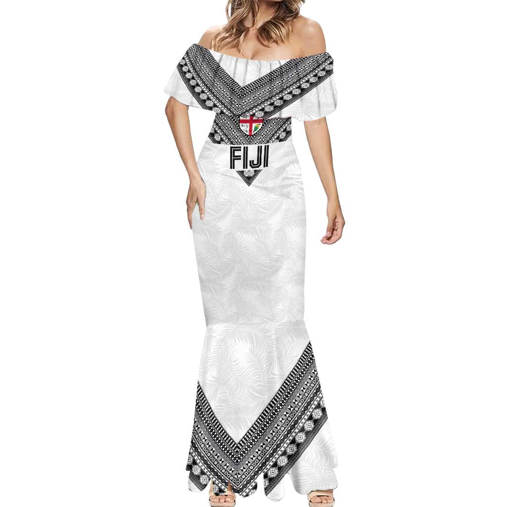 Custom Rugby Fiji Mermaid Dress Fijian Masi Tribal Sporty Style White Color LT03 - Polynesian Pride