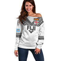 Custom Rugby Fiji Off Shoulder Sweater Fijian Masi Tribal Sporty Style White Color LT03 Women White - Polynesian Pride
