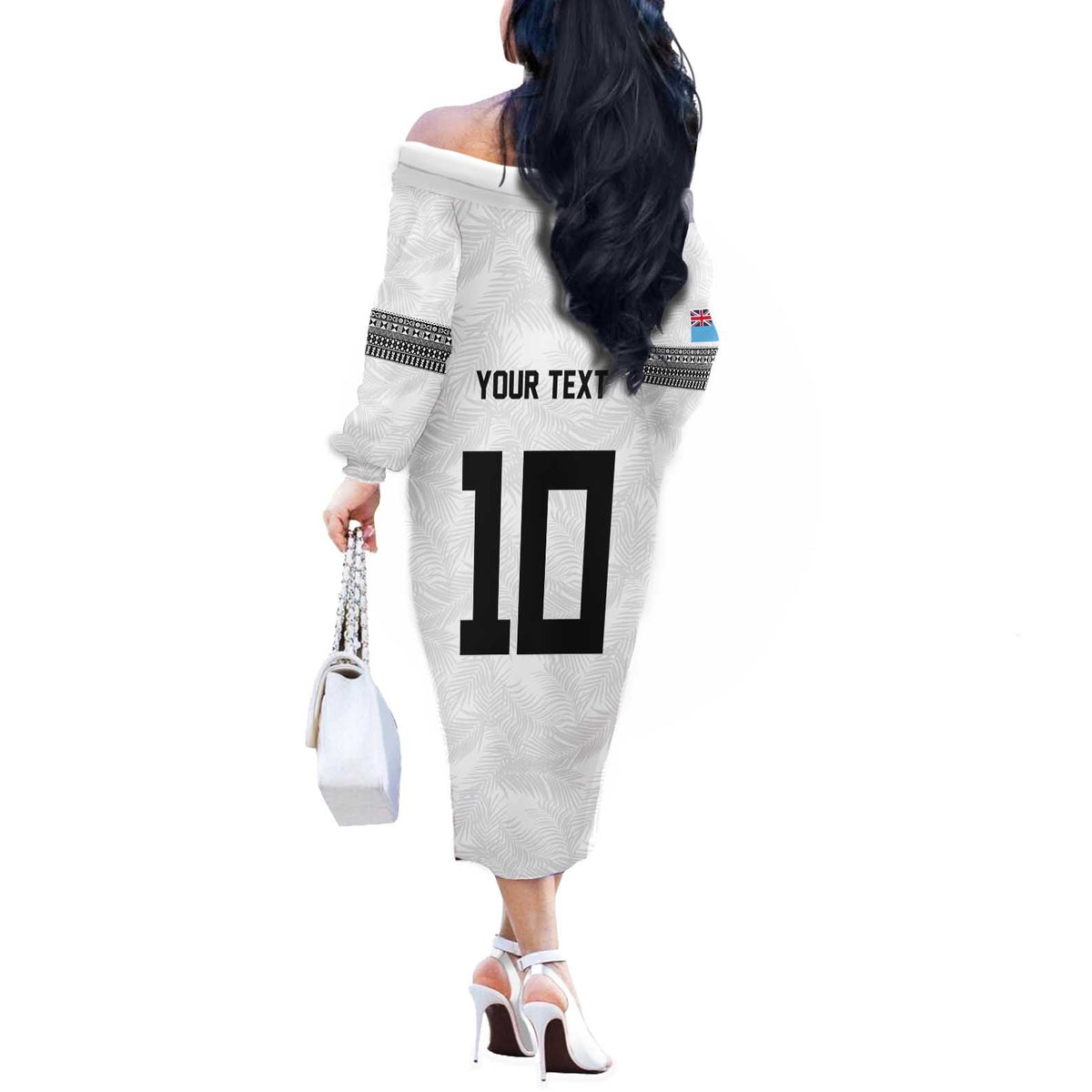 Custom Rugby Fiji Off The Shoulder Long Sleeve Dress Fijian Masi Tribal Sporty Style White Color LT03 - Polynesian Pride