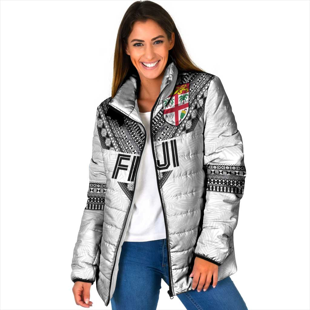 Custom Rugby Fiji Padded Jacket Fijian Masi Tribal Sporty Style White Color LT03 Women White - Polynesian Pride