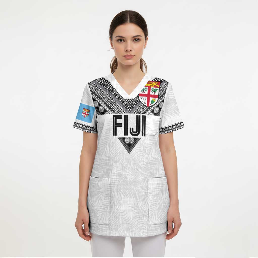 Custom Rugby Fiji Scrub Top Fijian Masi Tribal Sporty Style White Color LT03 - Polynesian Pride
