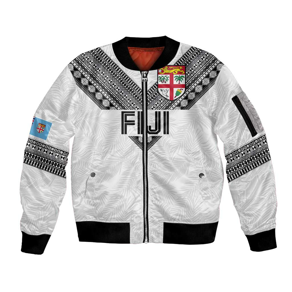 Custom Rugby Fiji Sleeve Zip Bomber Jacket Fijian Masi Tribal Sporty Style White Color - Polynesian Pride