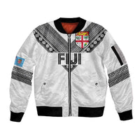 Custom Rugby Fiji Sleeve Zip Bomber Jacket Fijian Masi Tribal Sporty Style White Color - Polynesian Pride