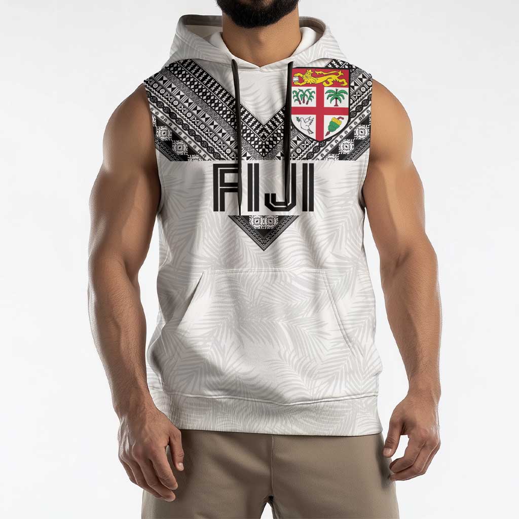 Custom Rugby Fiji Sleeveless Hoodie Fijian Masi Tribal Sporty Style White Color LT03 - Polynesian Pride