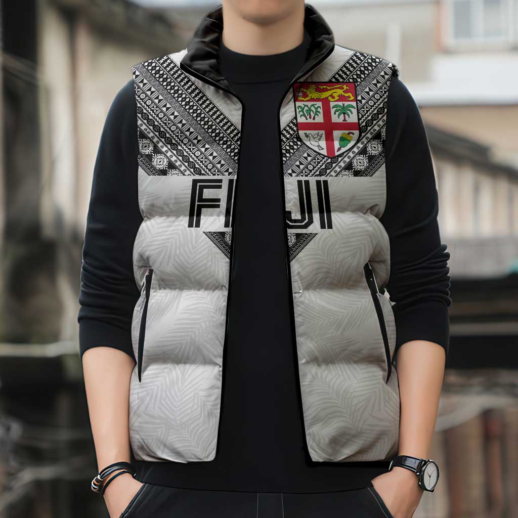 Custom Rugby Fiji Sleeveless Puffer Jacket Fijian Masi Tribal Sporty Style White Color LT03 - Polynesian Pride