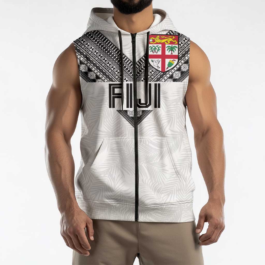 Custom Rugby Fiji Sleeveless Zip Hoodie Fijian Masi Tribal Sporty Style White Color LT03 - Polynesian Pride