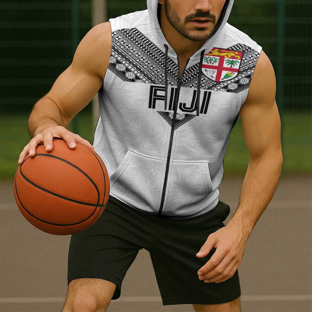 Custom Rugby Fiji Sleeveless Zip Hoodie Fijian Masi Tribal Sporty Style White Color LT03 - Polynesian Pride
