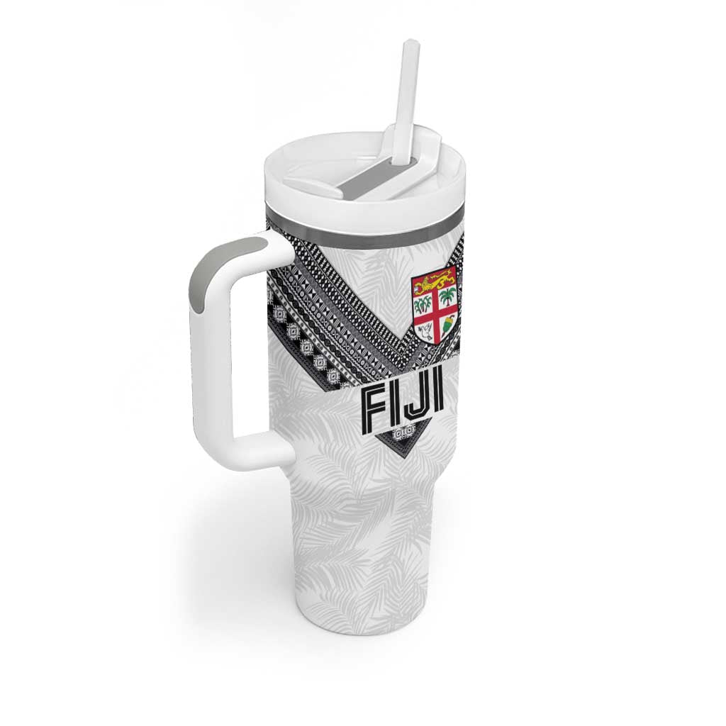 Custom Rugby Fiji Tumbler With Handle Fijian Masi Tribal Sporty Style White Color LT03 - Polynesian Pride