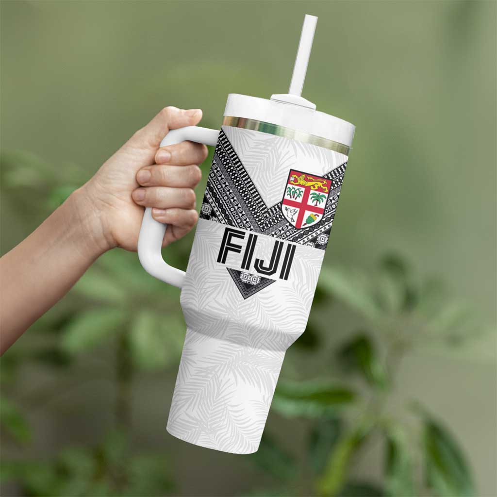 Custom Rugby Fiji Tumbler With Handle Fijian Masi Tribal Sporty Style White Color LT03 - Polynesian Pride
