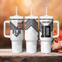 Custom Rugby Fiji Tumbler With Handle Fijian Masi Tribal Sporty Style White Color LT03 - Polynesian Pride