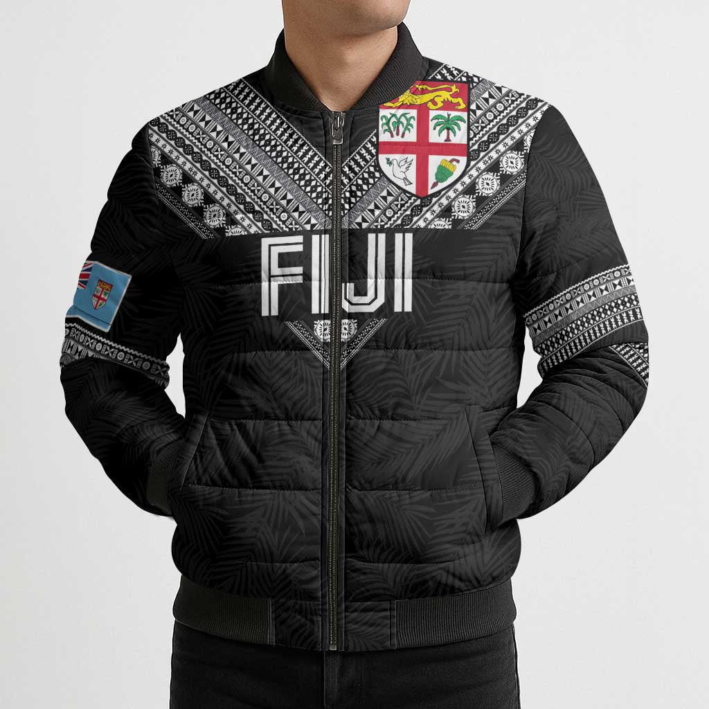 Custom Rugby Fiji Bomber Puffer Jacket Fijian Masi Tribal Sporty Style Black Color LT03 - Polynesian Pride