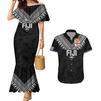 Custom Rugby Fiji Couples Matching Mermaid Dress and Hawaiian Shirt Fijian Masi Tribal Sporty Style Black Color LT03 Black - Polynesian Pride