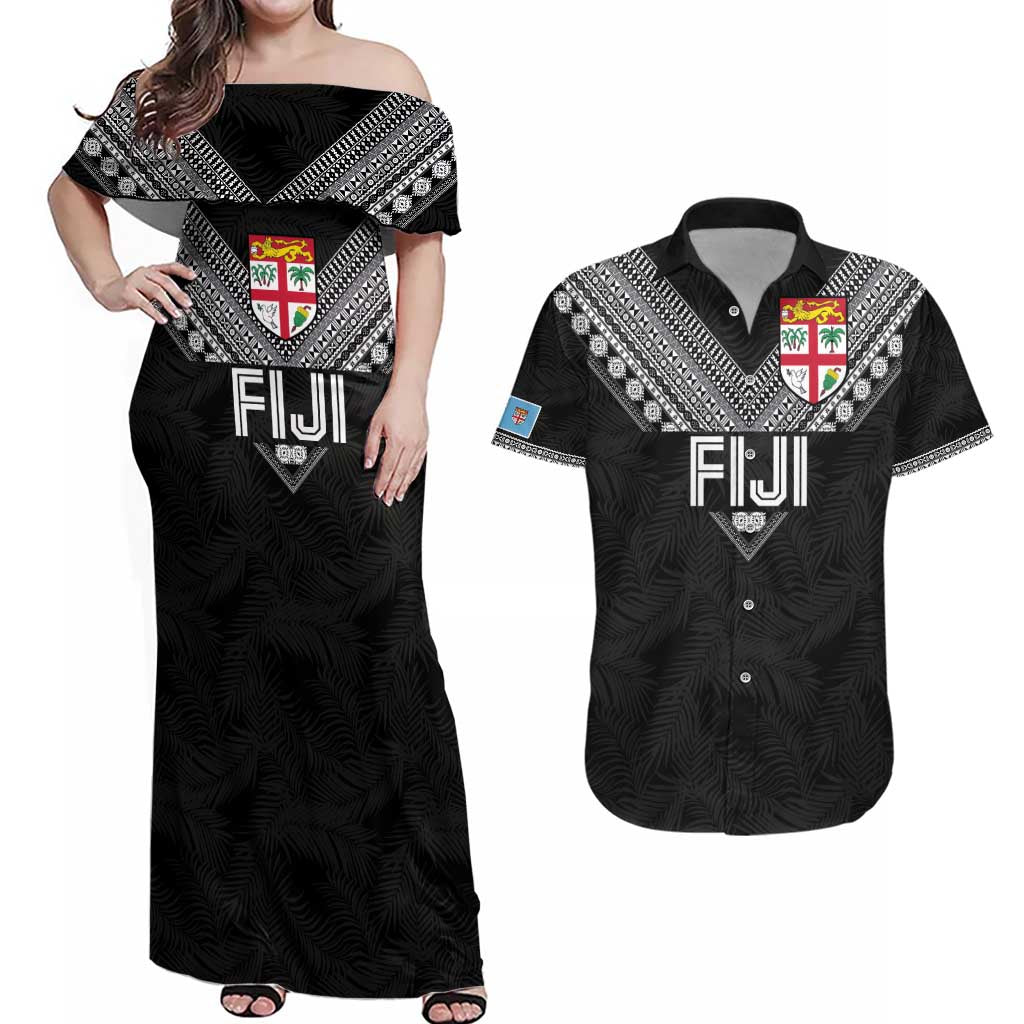 Custom Rugby Fiji Couples Matching Off Shoulder Maxi Dress and Hawaiian Shirt Fijian Masi Tribal Sporty Style Black Color LT03 Black - Polynesian Pride