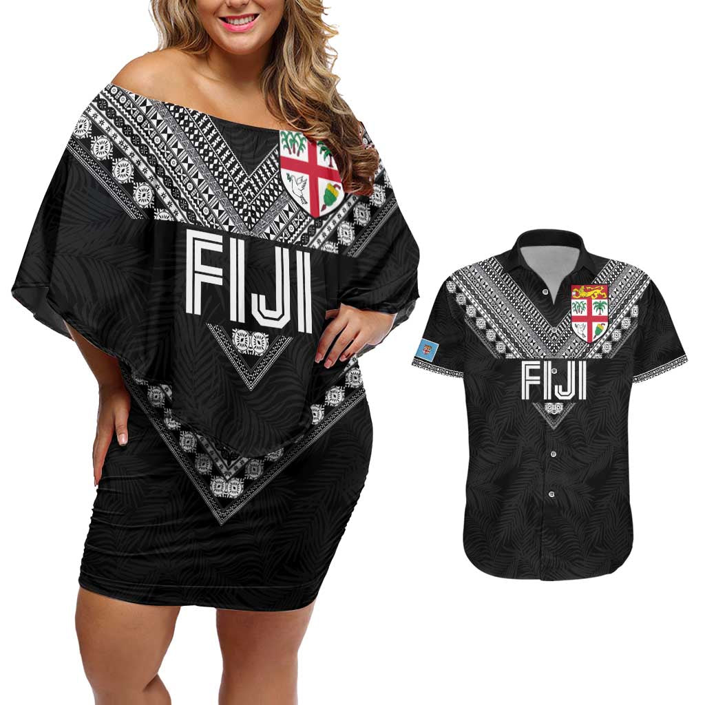 Custom Rugby Fiji Couples Matching Off Shoulder Short Dress and Hawaiian Shirt Fijian Masi Tribal Sporty Style Black Color LT03 Black - Polynesian Pride