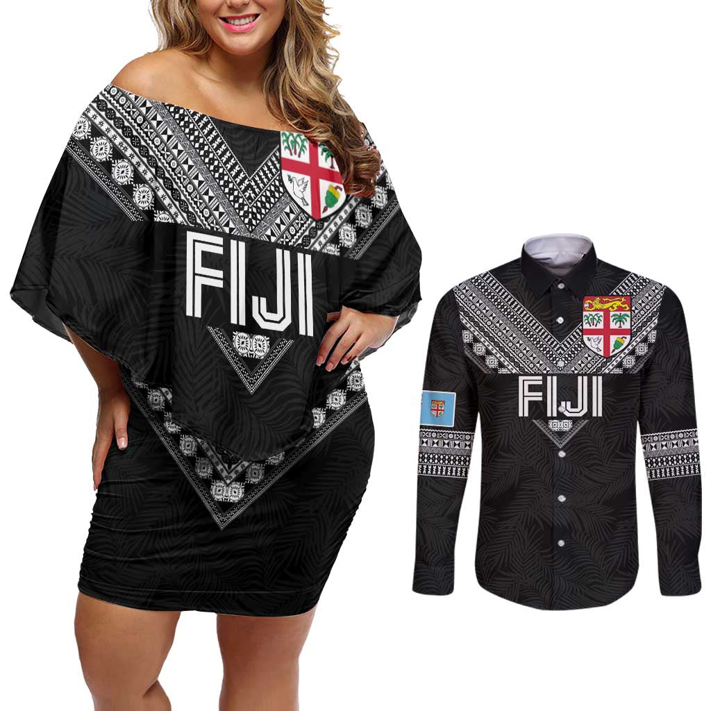 Custom Rugby Fiji Couples Matching Off Shoulder Short Dress and Long Sleeve Button Shirt Fijian Masi Tribal Sporty Style Black Color LT03 Black - Polynesian Pride