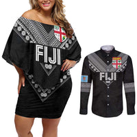 Custom Rugby Fiji Couples Matching Off Shoulder Short Dress and Long Sleeve Button Shirt Fijian Masi Tribal Sporty Style Black Color LT03 Black - Polynesian Pride