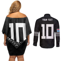 Custom Rugby Fiji Couples Matching Off Shoulder Short Dress and Long Sleeve Button Shirt Fijian Masi Tribal Sporty Style Black Color LT03 - Polynesian Pride