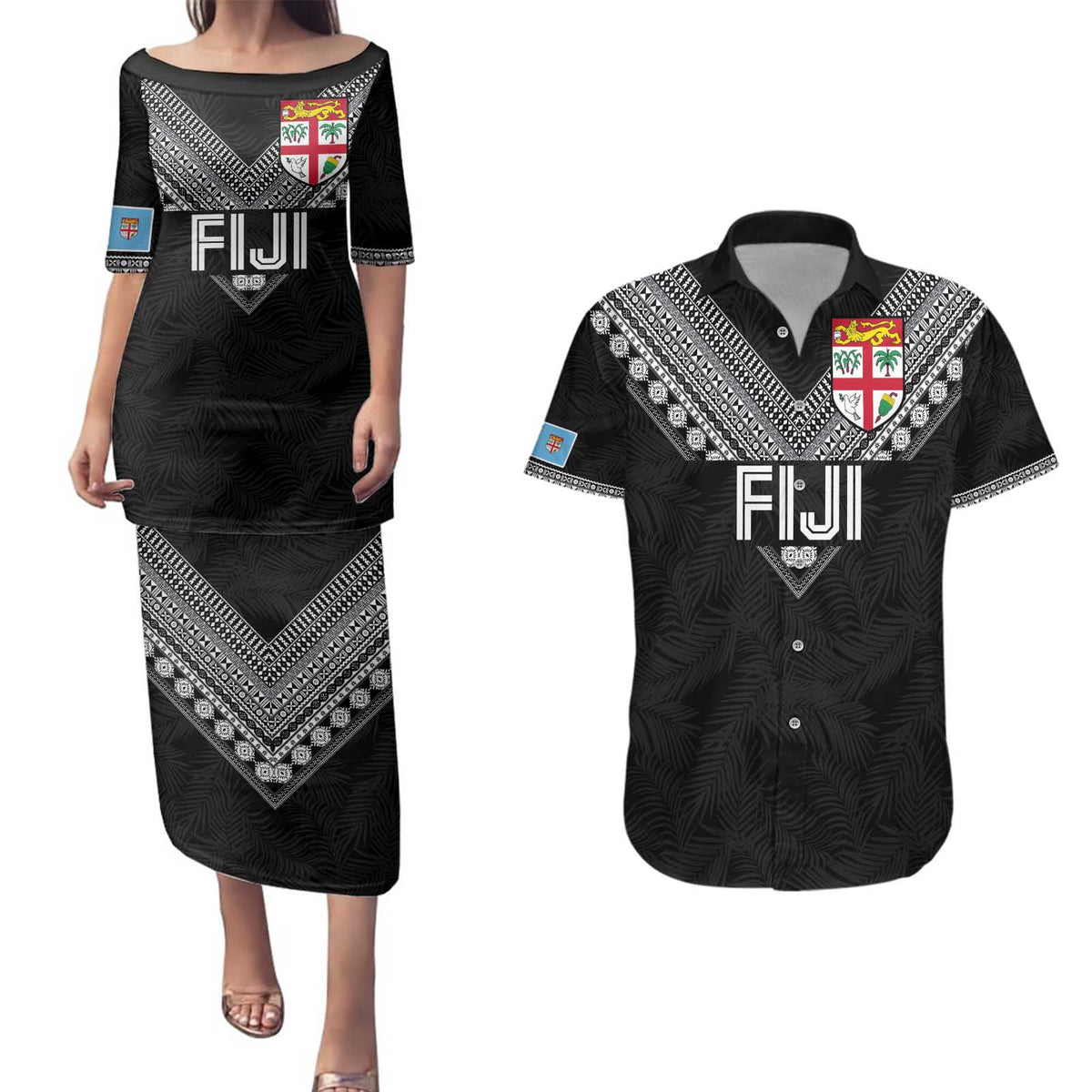 Custom Rugby Fiji Couples Matching Puletasi and Hawaiian Shirt Fijian Masi Tribal Sporty Style Black Color LT03 Black - Polynesian Pride