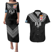 Custom Rugby Fiji Couples Matching Puletasi and Hawaiian Shirt Fijian Masi Tribal Sporty Style Black Color LT03 Black - Polynesian Pride