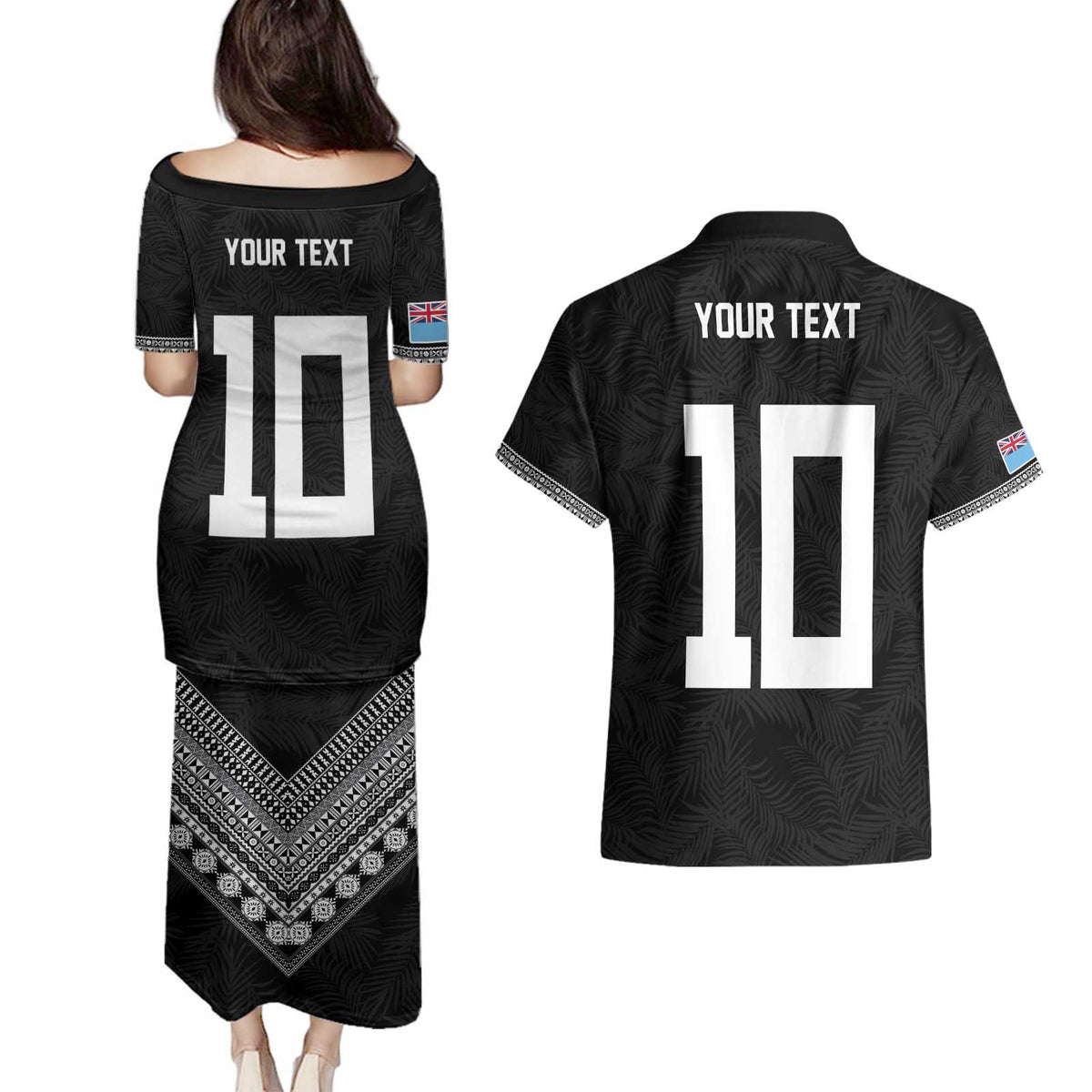 Custom Rugby Fiji Couples Matching Puletasi and Hawaiian Shirt Fijian Masi Tribal Sporty Style Black Color LT03 - Polynesian Pride